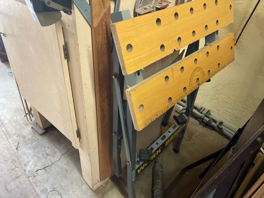 Pair Of Workbenches With DeWalt Circular Saw, Drill Press, Pipe Wrenches, Saw Blades, Tools, Portable Work Benches (Bench 1: 33W X 30D X 66H / Bench 2: 48W X 25D X 42H) - See Photos [Photo 18]