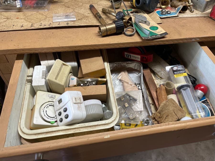 Pair Of Workbenches With DeWalt Circular Saw, Drill Press, Pipe Wrenches, Saw Blades, Tools, Portable Work Benches (Bench 1: 33W X 30D X 66H / Bench 2: 48W X 25D X 42H) - See Photos [Photo 21]