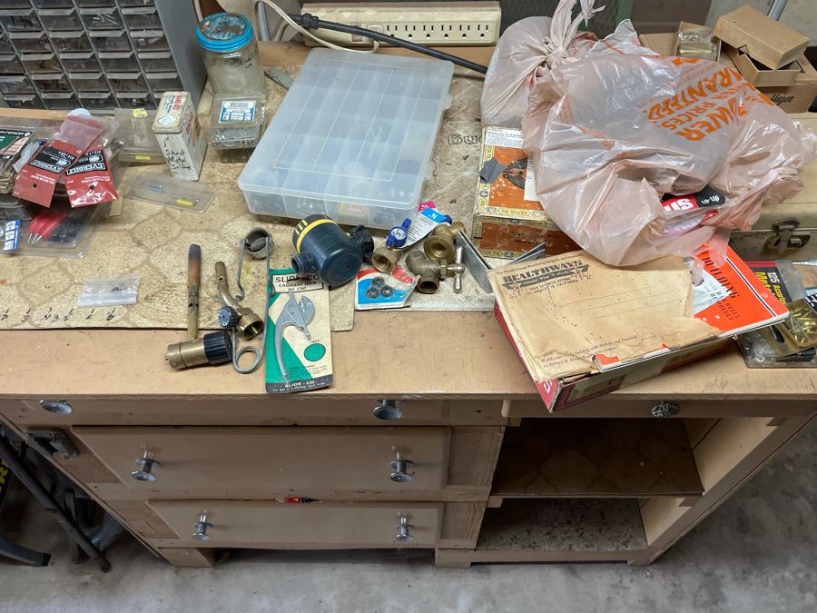 Pair Of Workbenches With DeWalt Circular Saw, Drill Press, Pipe Wrenches, Saw Blades, Tools, Portable Work Benches (Bench 1: 33W X 30D X 66H / Bench 2: 48W X 25D X 42H) - See Photos [Photo 20]