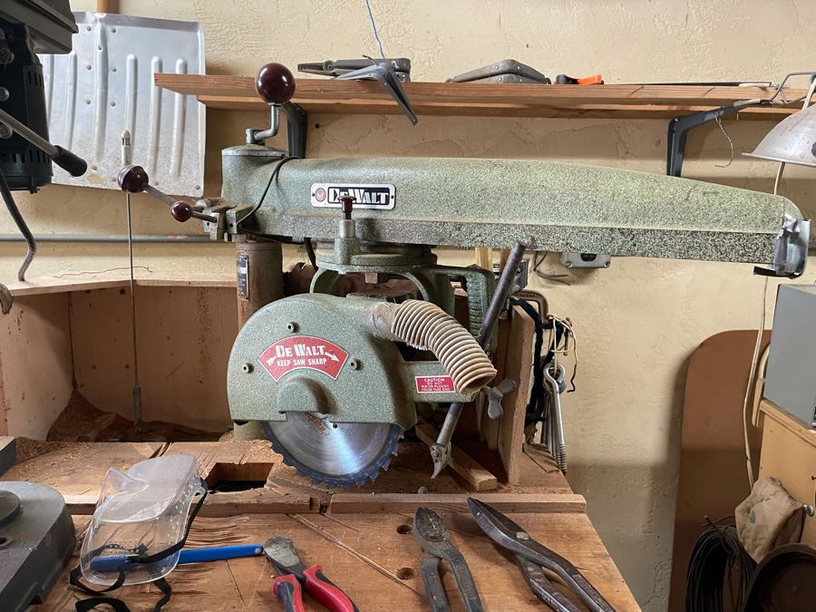 Pair Of Workbenches With DeWalt Circular Saw, Drill Press, Pipe Wrenches, Saw Blades, Tools, Portable Work Benches (Bench 1: 33W X 30D X 66H / Bench 2: 48W X 25D X 42H) - See Photos [Photo 4]