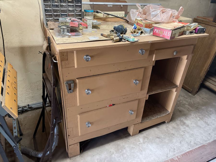 Pair Of Workbenches With DeWalt Circular Saw, Drill Press, Pipe Wrenches, Saw Blades, Tools, Portable Work Benches (Bench 1: 33W X 30D X 66H / Bench 2: 48W X 25D X 42H) - See Photos [Photo 2]