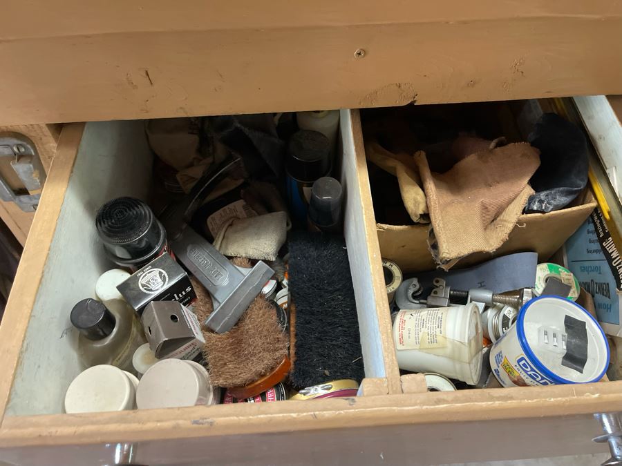 Pair Of Workbenches With DeWalt Circular Saw, Drill Press, Pipe Wrenches, Saw Blades, Tools, Portable Work Benches (Bench 1: 33W X 30D X 66H / Bench 2: 48W X 25D X 42H) - See Photos [Photo 22]