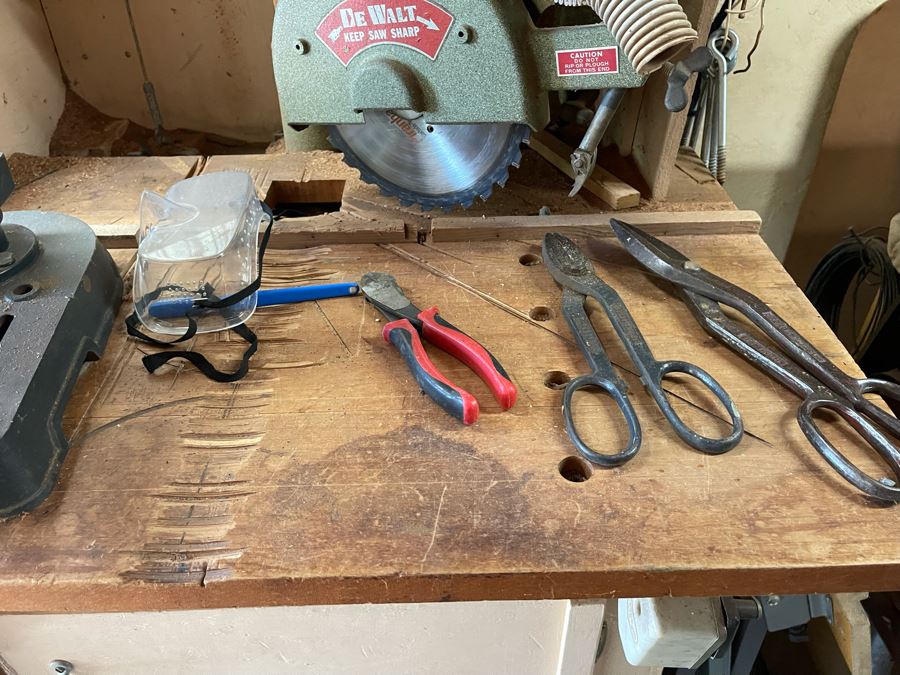 Pair Of Workbenches With DeWalt Circular Saw, Drill Press, Pipe Wrenches, Saw Blades, Tools, Portable Work Benches (Bench 1: 33W X 30D X 66H / Bench 2: 48W X 25D X 42H) - See Photos [Photo 8]