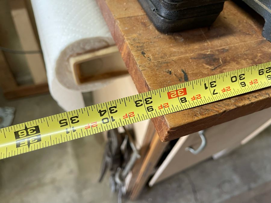 Pair Of Workbenches With DeWalt Circular Saw, Drill Press, Pipe Wrenches, Saw Blades, Tools, Portable Work Benches (Bench 1: 33W X 30D X 66H / Bench 2: 48W X 25D X 42H) - See Photos [Photo 24]