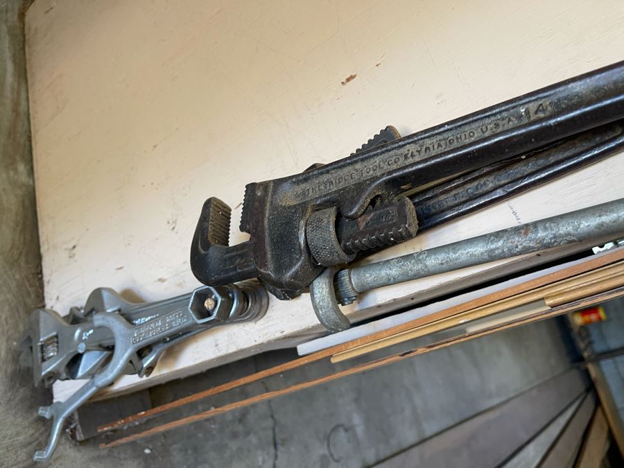 Pair Of Workbenches With DeWalt Circular Saw, Drill Press, Pipe Wrenches, Saw Blades, Tools, Portable Work Benches (Bench 1: 33W X 30D X 66H / Bench 2: 48W X 25D X 42H) - See Photos [Photo 11]