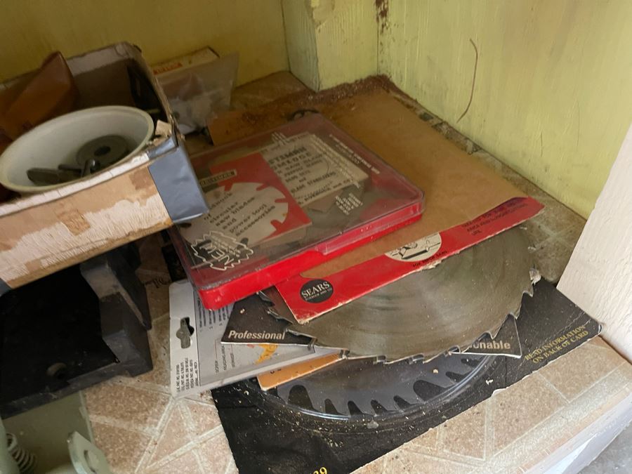 Pair Of Workbenches With DeWalt Circular Saw, Drill Press, Pipe Wrenches, Saw Blades, Tools, Portable Work Benches (Bench 1: 33W X 30D X 66H / Bench 2: 48W X 25D X 42H) - See Photos [Photo 13]