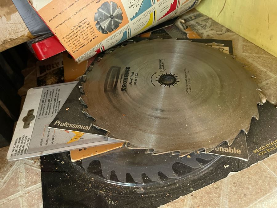 Pair Of Workbenches With DeWalt Circular Saw, Drill Press, Pipe Wrenches, Saw Blades, Tools, Portable Work Benches (Bench 1: 33W X 30D X 66H / Bench 2: 48W X 25D X 42H) - See Photos [Photo 14]