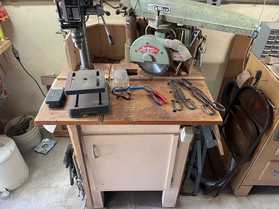 Pair Of Workbenches With DeWalt Circular Saw, Drill Press, Pipe Wrenches, Saw Blades, Tools, Portable Work Benches (Bench 1: 33W X 30D X 66H / Bench 2: 48W X 25D X 42H) - See Photos [Photo 3]