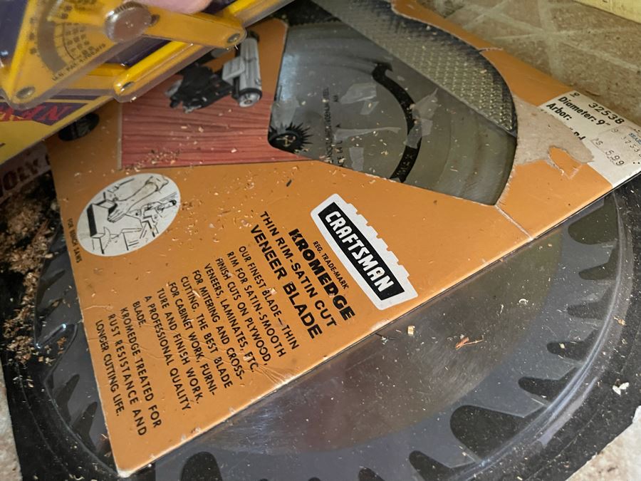 Pair Of Workbenches With DeWalt Circular Saw, Drill Press, Pipe Wrenches, Saw Blades, Tools, Portable Work Benches (Bench 1: 33W X 30D X 66H / Bench 2: 48W X 25D X 42H) - See Photos [Photo 16]