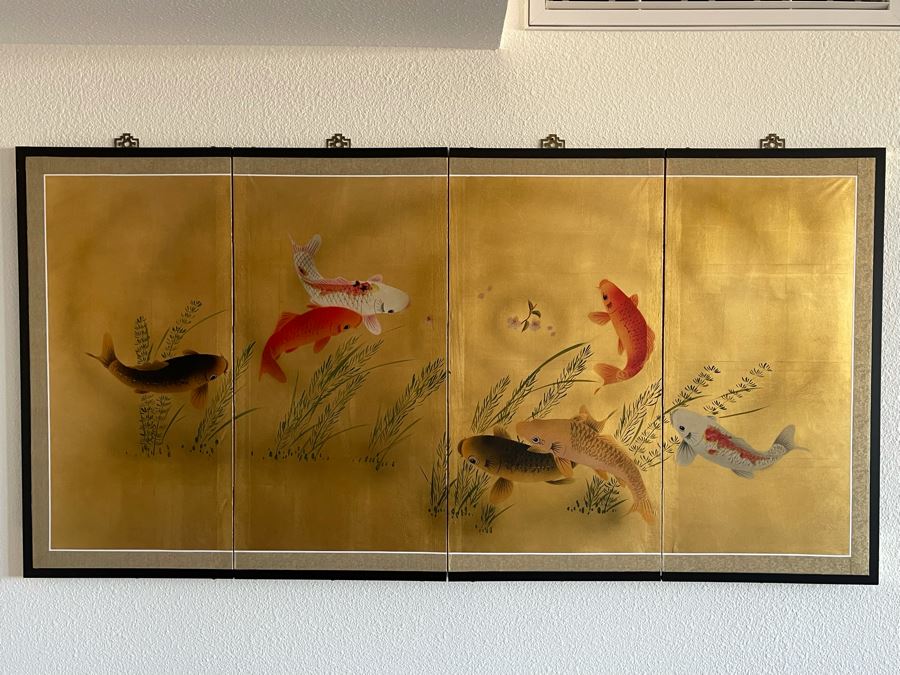 Japanese 4-Panel Hand Painted Screen Featuring Koi Fish 69 X 35 [Photo 4]