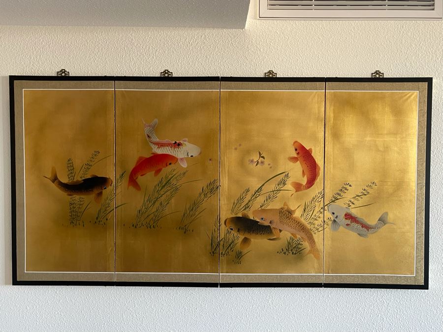 Japanese 4-Panel Hand Painted Screen Featuring Koi Fish 69 X 35 [Photo 3]