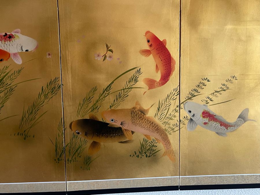 Japanese 4-Panel Hand Painted Screen Featuring Koi Fish 69 X 35 [Photo 5]