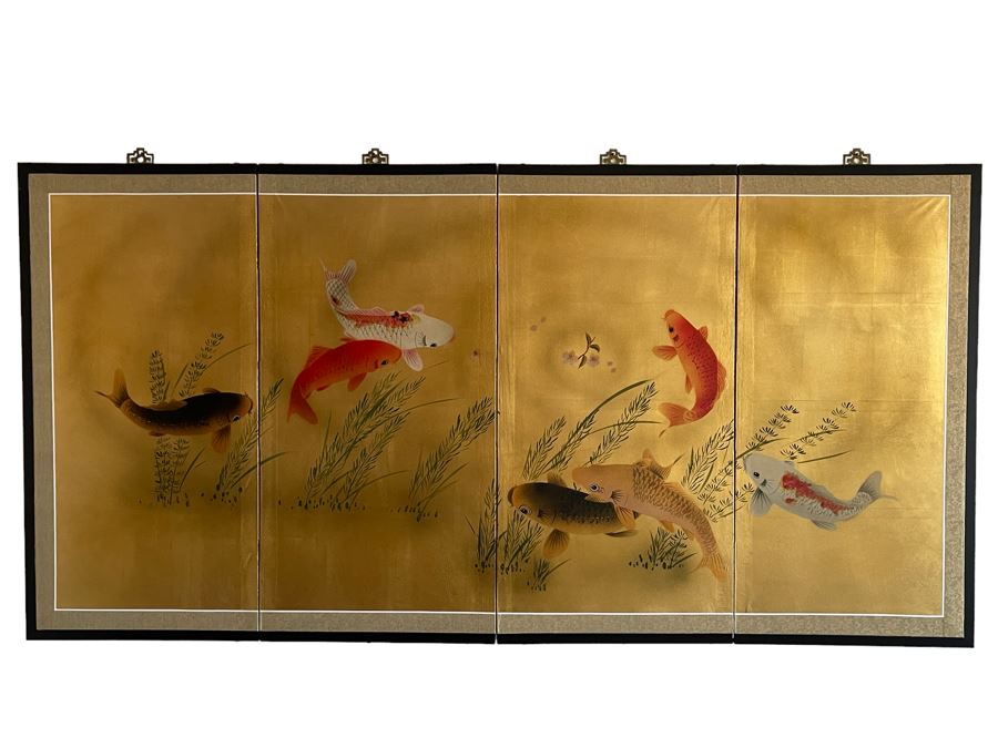 Japanese 4-Panel Hand Painted Screen Featuring Koi Fish 69 X 35