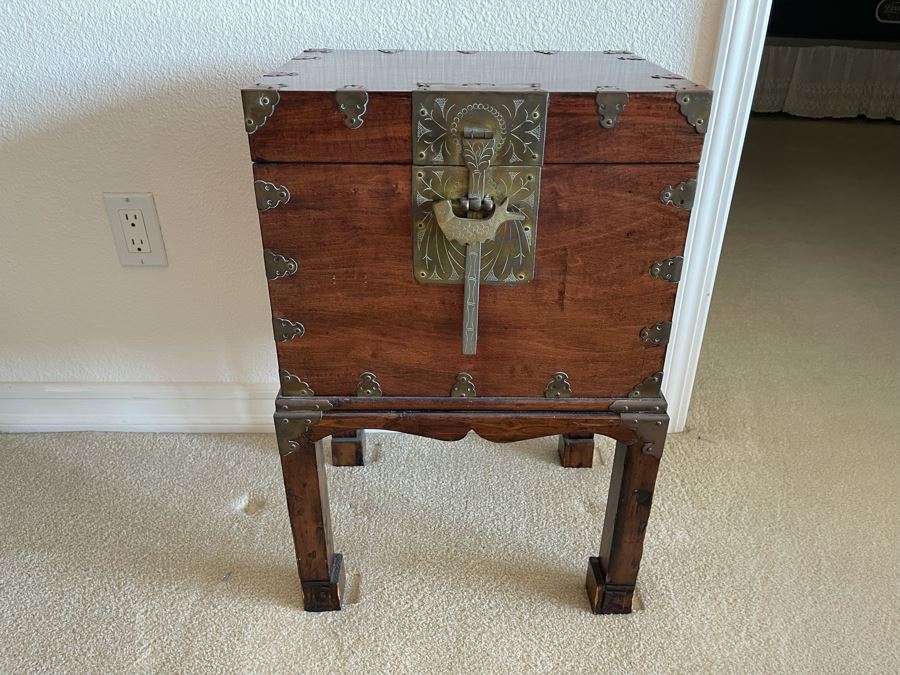 Antique Chinese Wooden Document Box On Stand With Brass Accents 15.5W X 12D X 24.5H [Photo 2]