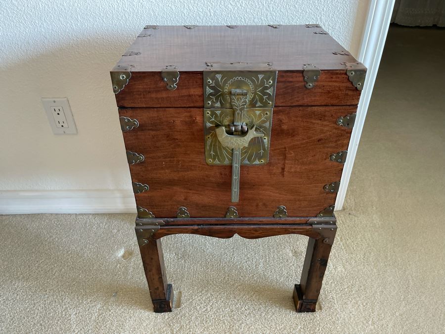 Antique Chinese Wooden Document Box On Stand With Brass Accents 15.5W X 12D X 24.5H [Photo 3]