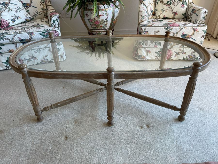 Wooden Coffee Table With Glass Oval Top 56W X 29D X 18H [Photo 3]