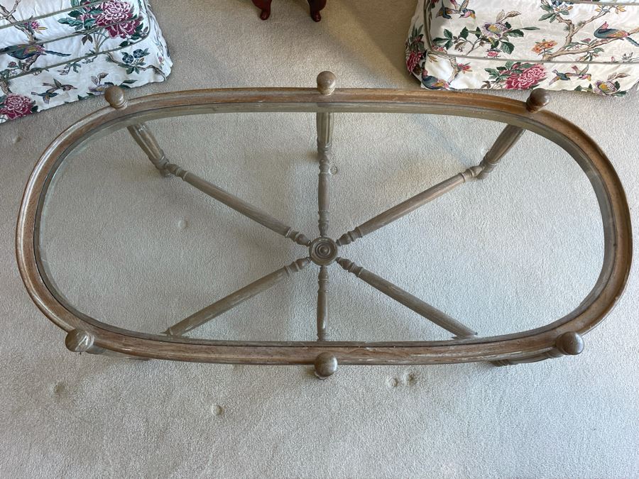 Wooden Coffee Table With Glass Oval Top 56W X 29D X 18H [Photo 5]