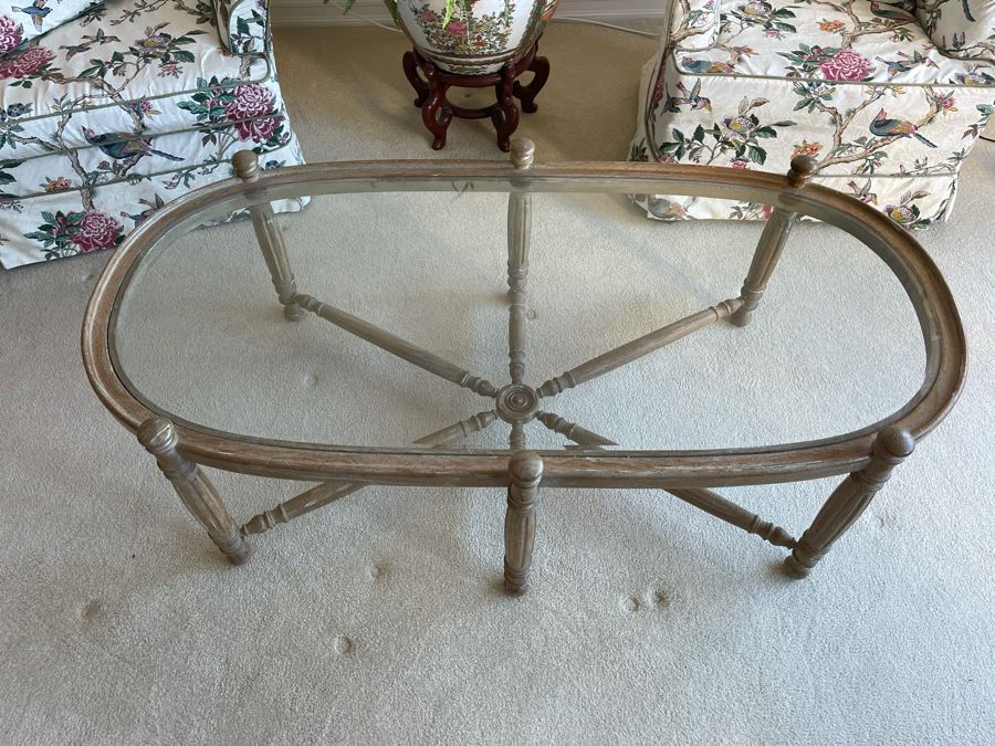 Wooden Coffee Table With Glass Oval Top 56W X 29D X 18H [Photo 4]