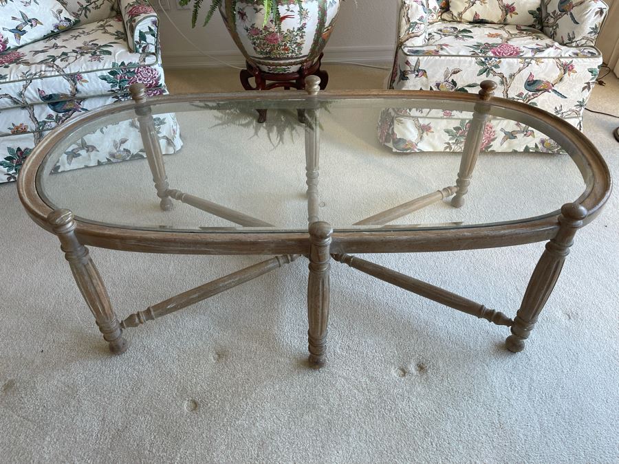 Wooden Coffee Table With Glass Oval Top 56W X 29D X 18H [Photo 2]
