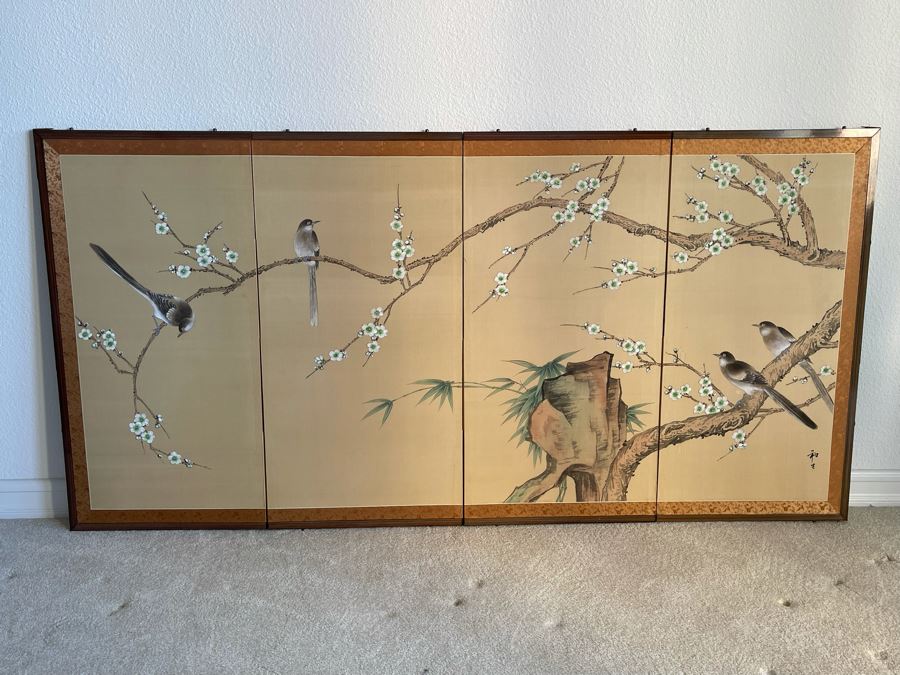 Japanese 4-Panel Hand Painted Screen 70 X 35 [Photo 3]