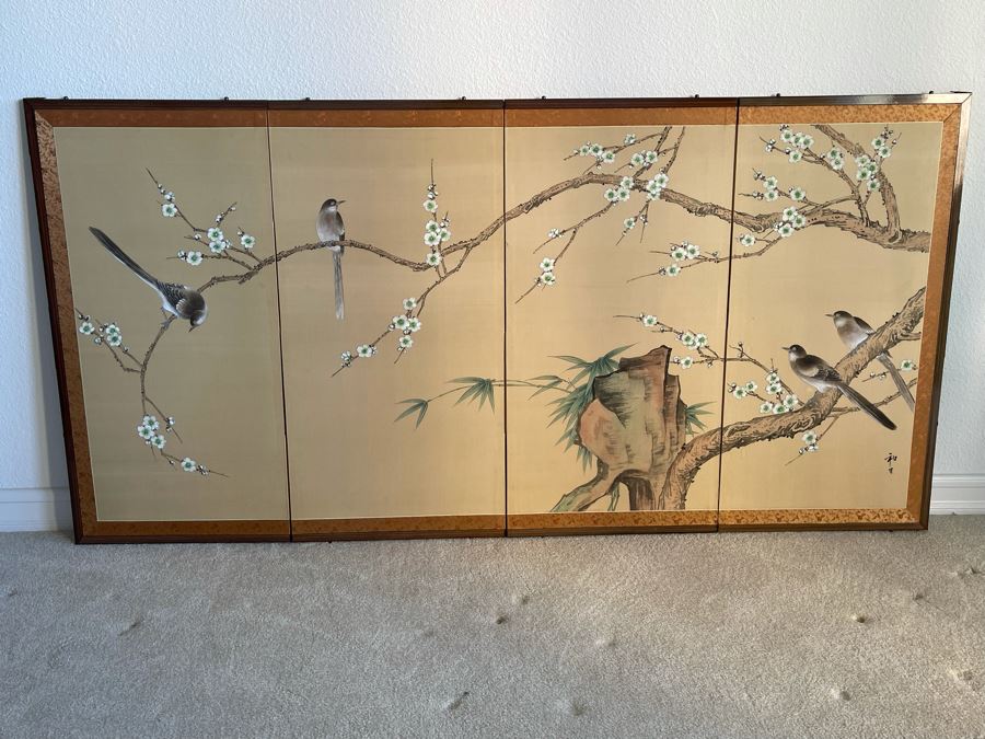 Japanese 4-Panel Hand Painted Screen 70 X 35 [Photo 5]