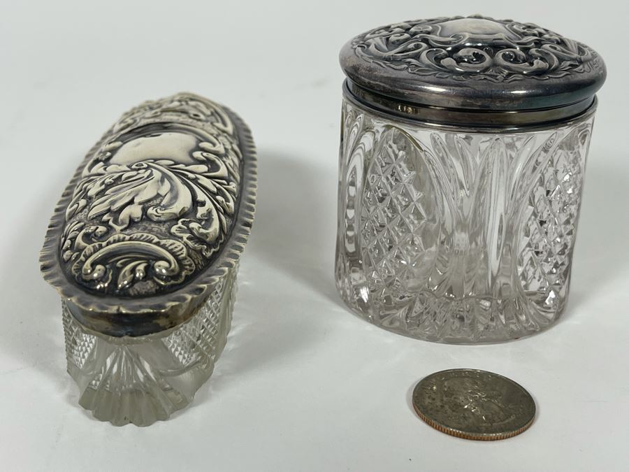 English Sterling Silver Repousse Lidded Glass Boxes Sterling Weight 31g [Photo 6]
