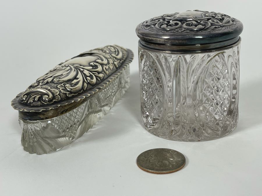 English Sterling Silver Repousse Lidded Glass Boxes Sterling Weight 31g [Photo 7]
