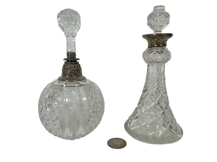 Pair Of Crystal And Sterling Silver Perfume Bottles 6.5H