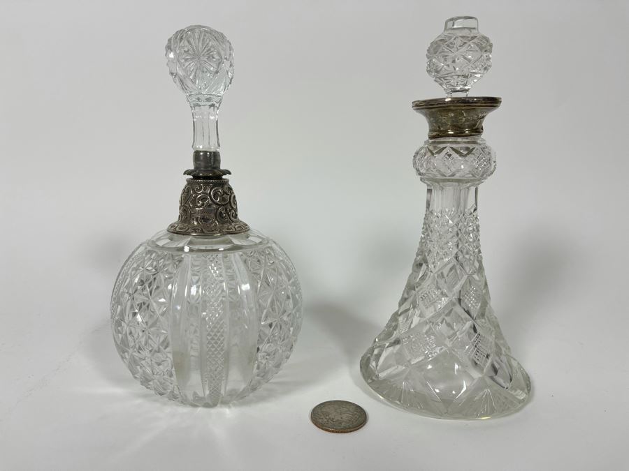 Pair Of Crystal And Sterling Silver Perfume Bottles 6.5H [Photo 3]