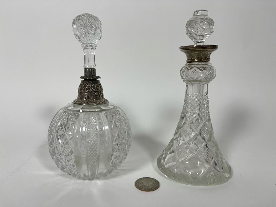Pair Of Crystal And Sterling Silver Perfume Bottles 6.5H [Photo 2]