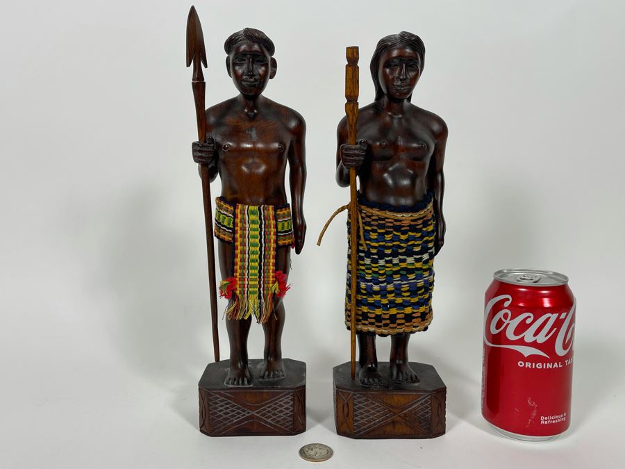 Pair Of Carved Wooden Man And Woman Figures 12H [Photo 2]