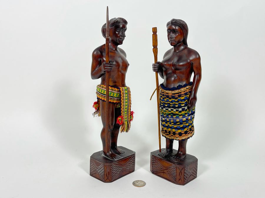 Pair Of Carved Wooden Man And Woman Figures 12H [Photo 5]
