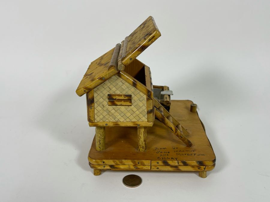 Handmade Bamboo Ashtray With Hinged Stash Box Under Roof 8W X 6D X 6H [Photo 9]