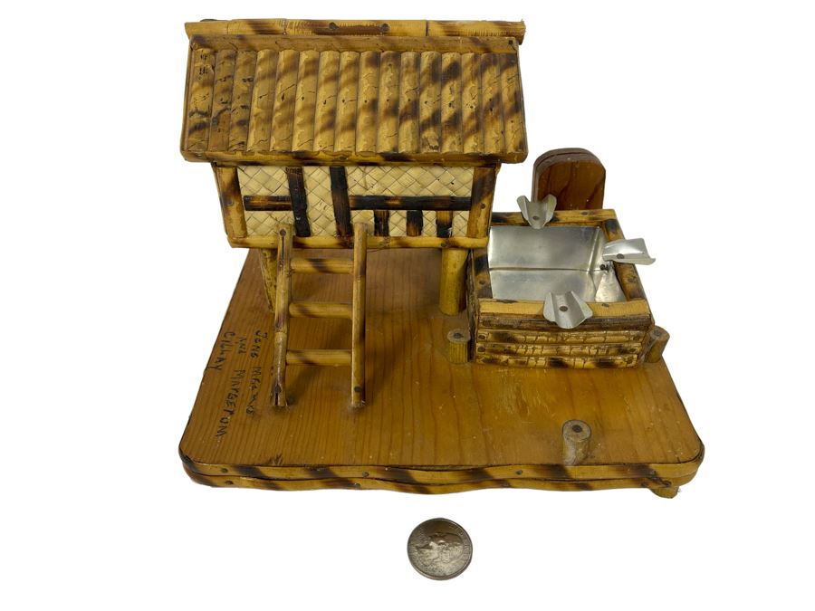 Handmade Bamboo Ashtray With Hinged Stash Box Under Roof 8W X 6D X 6H [Photo 2]