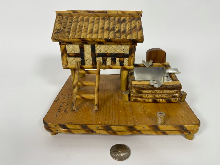 Handmade Bamboo Ashtray With Hinged Stash Box Under Roof 8W X 6D X 6H [Photo 3]