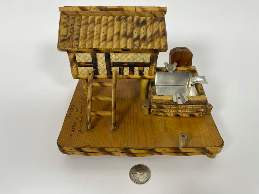 Handmade Bamboo Ashtray With Hinged Stash Box Under Roof 8W X 6D X 6H [Photo 4]