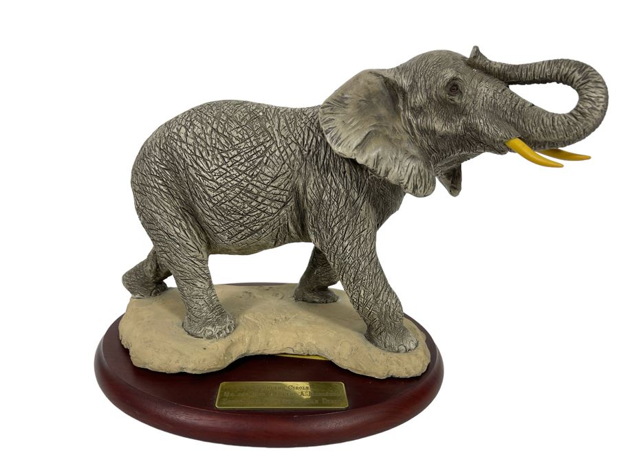 Sandra Brue Sandicast Elephant Sculpture With Wooden Base And Brass Plaque Reading Founder’s Circle Zoological Society Of San Diego 13W X 8D X 9H