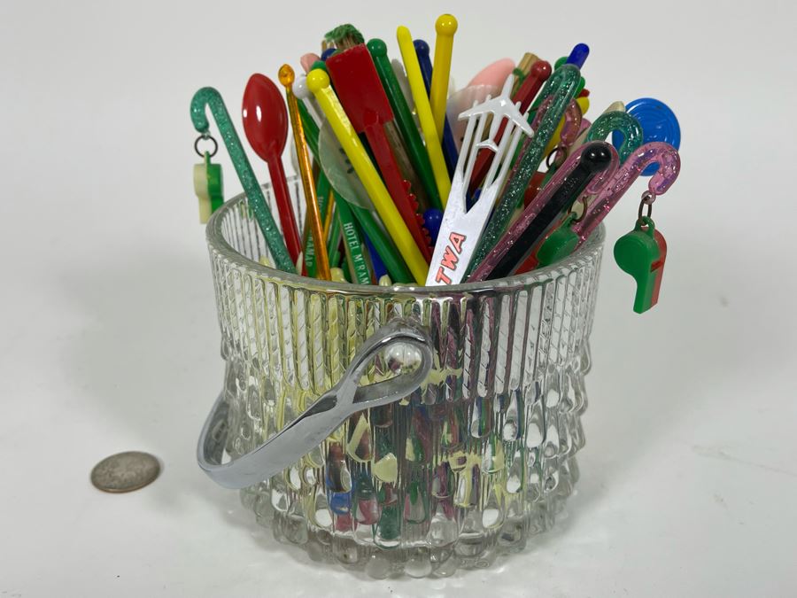 Mid-Century Ice Bucket 5W X 4H With Vintage Advertising Swizzle Sticks [Photo 4]