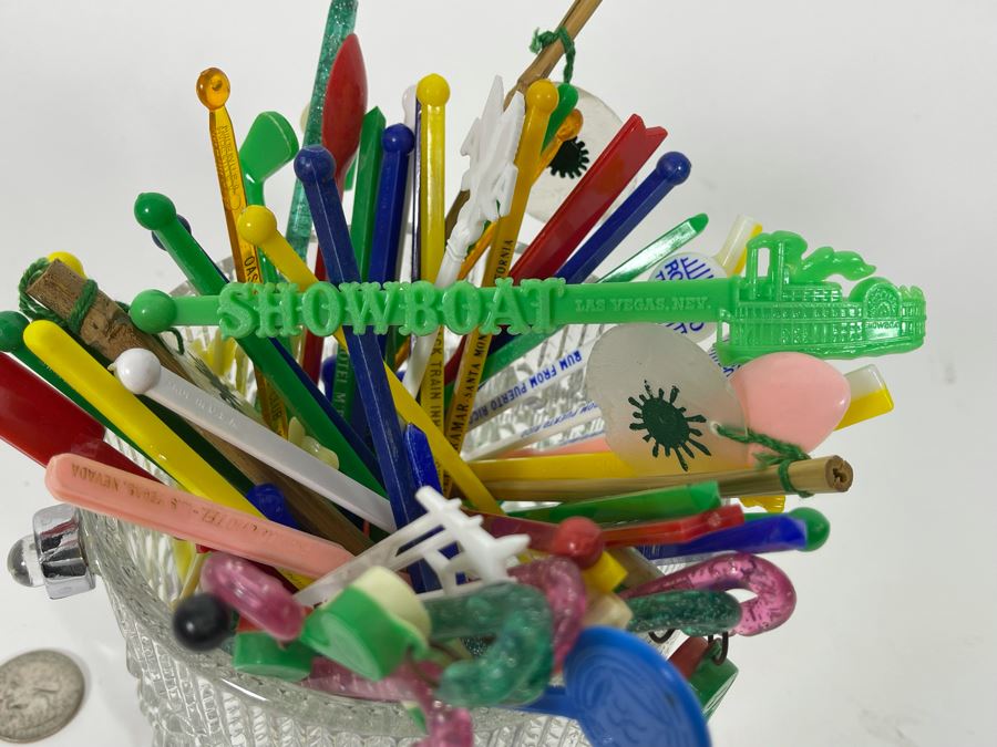 Mid-Century Ice Bucket 5W X 4H With Vintage Advertising Swizzle Sticks [Photo 8]