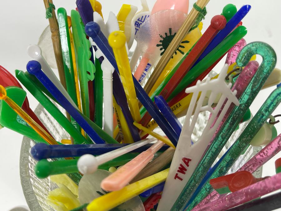 Mid-Century Ice Bucket 5W X 4H With Vintage Advertising Swizzle Sticks [Photo 7]