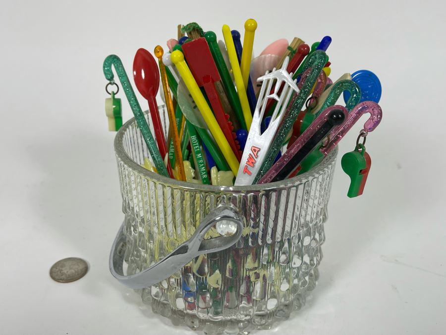 Mid-Century Ice Bucket 5W X 4H With Vintage Advertising Swizzle Sticks [Photo 3]
