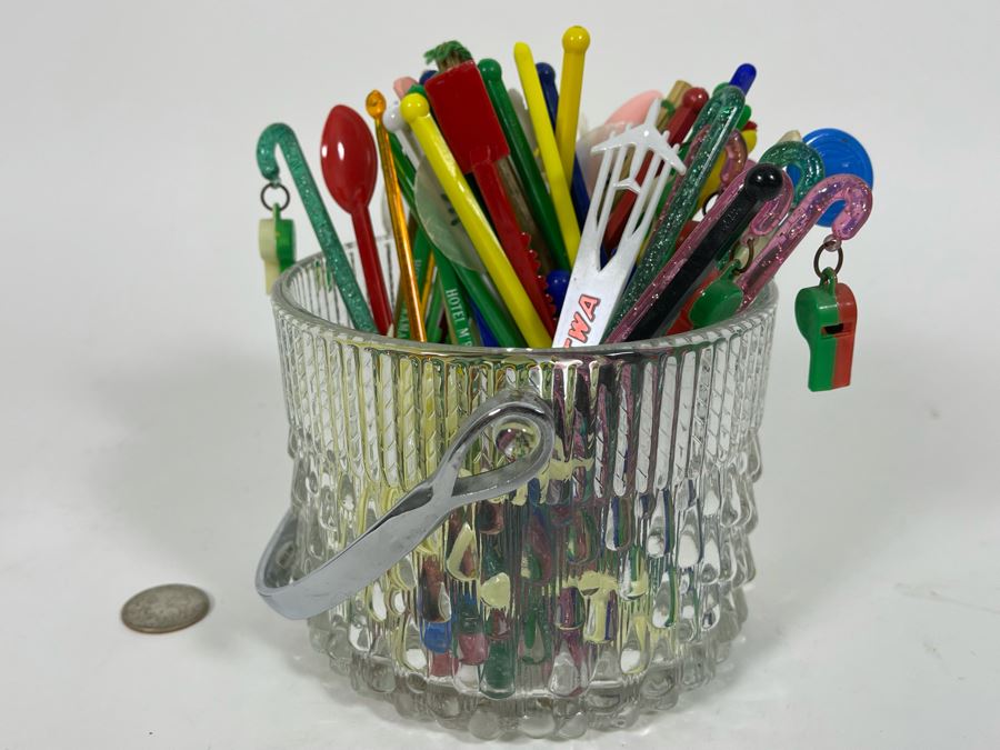 Mid-Century Ice Bucket 5W X 4H With Vintage Advertising Swizzle Sticks [Photo 2]