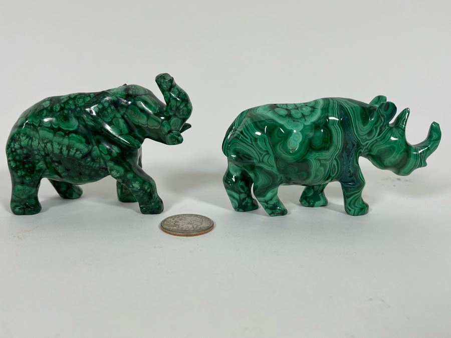 Carved Malachite Stone Elephant And Rhinoceros [Photo 3]