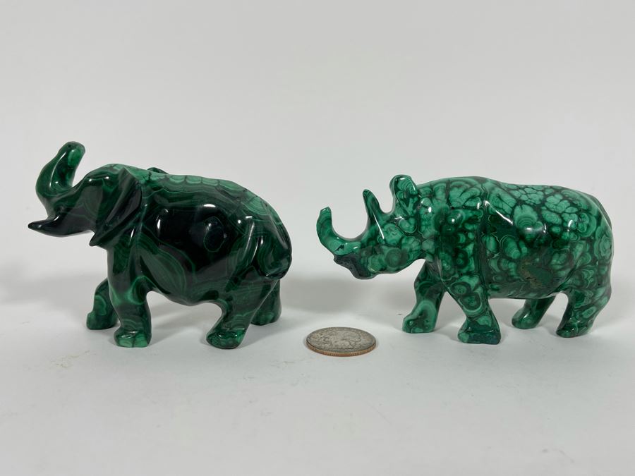 Carved Malachite Stone Elephant And Rhinoceros [Photo 8]