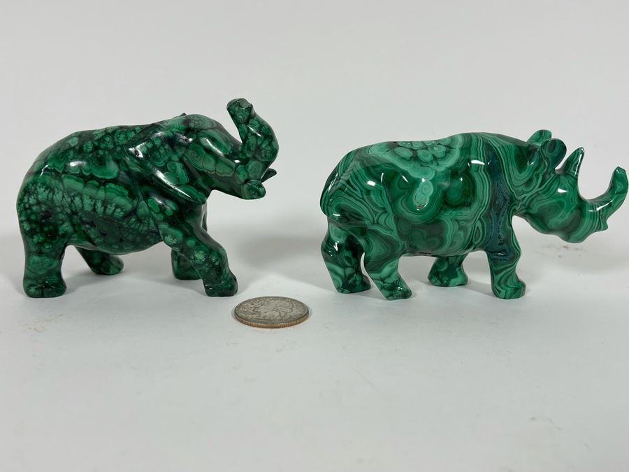 Carved Malachite Stone Elephant And Rhinoceros [Photo 2]