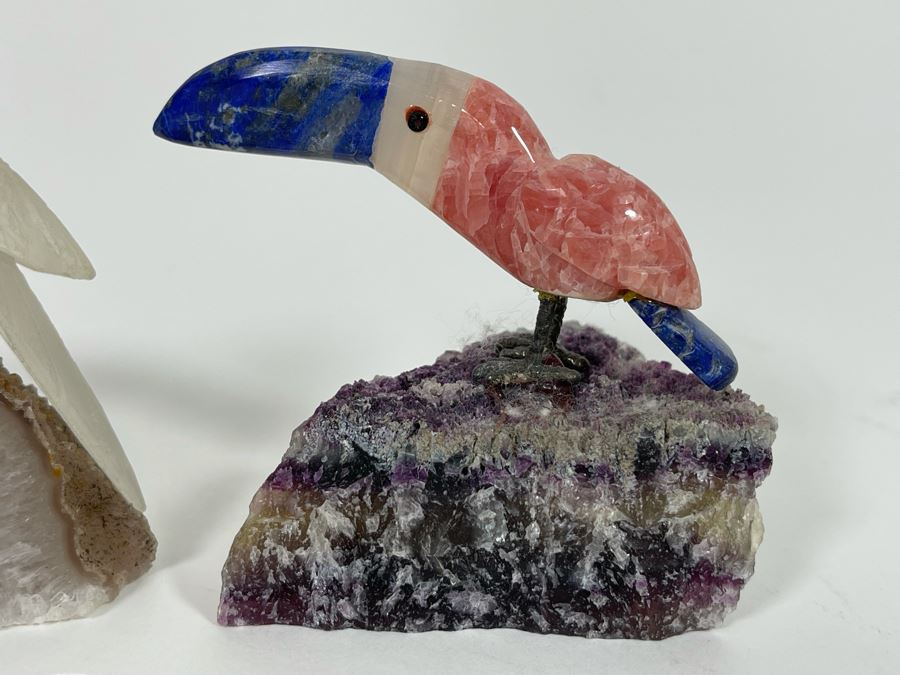 Pair Of Carved Semi-Precious Stone Birds On Geodes [Photo 4]
