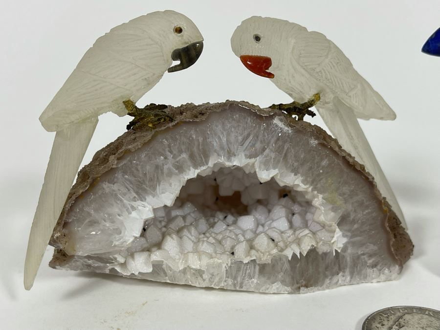 Pair Of Carved Semi-Precious Stone Birds On Geodes [Photo 5]
