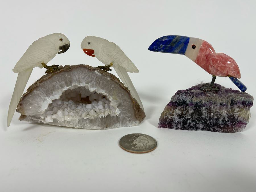 Pair Of Carved Semi-Precious Stone Birds On Geodes [Photo 3]