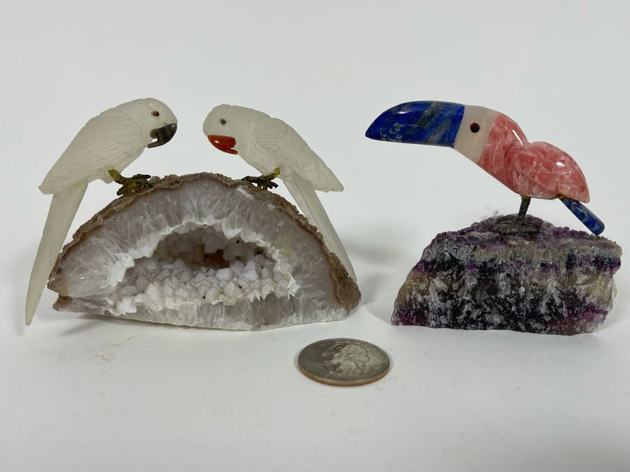 Pair Of Carved Semi-Precious Stone Birds On Geodes [Photo 2]