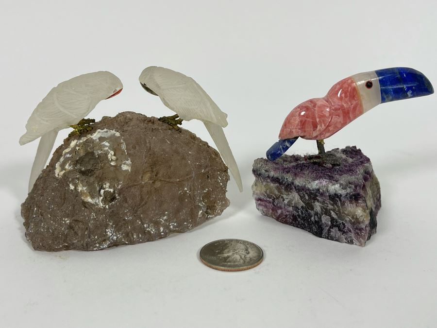 Pair Of Carved Semi-Precious Stone Birds On Geodes [Photo 9]